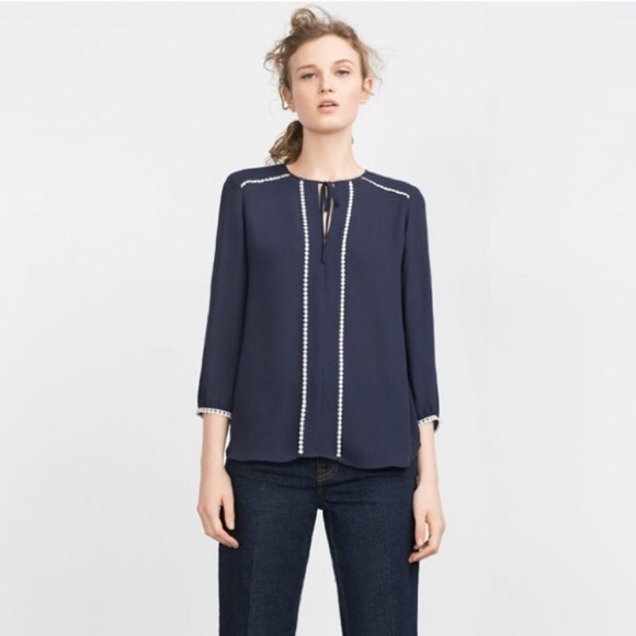 Zara Tops | Zara Basic Navy Blouse With 